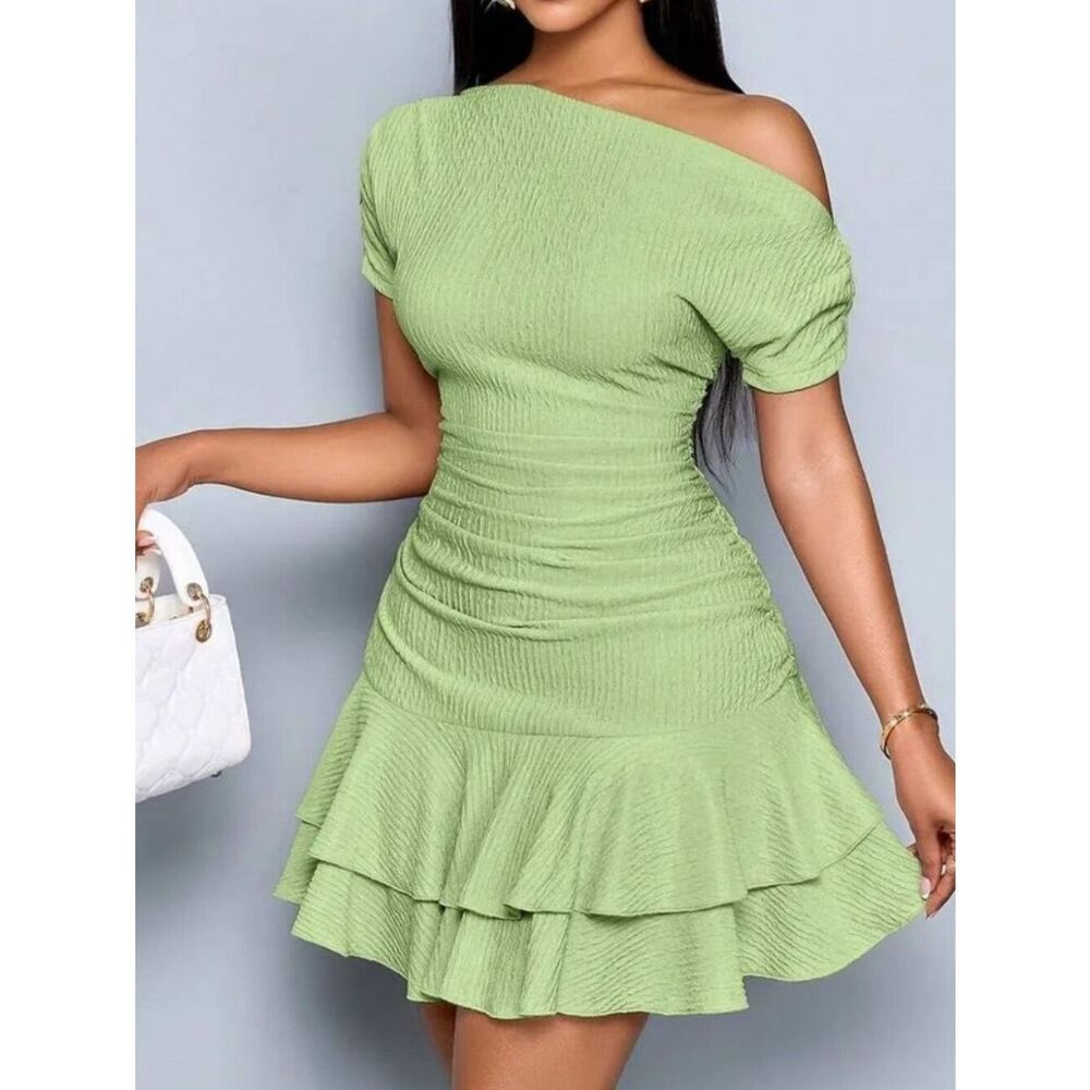 Off-Shoulder Textured Bodycon Ruched Ruffle Hem Dress in Lime - Picture 4 of 5